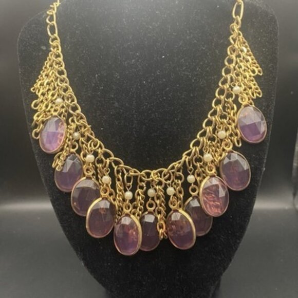 Unbranded Jewelry - Vtg Statement Necklace Purple Facet Bezel Faux Pearl Fringe Gold Tone 17" Chain